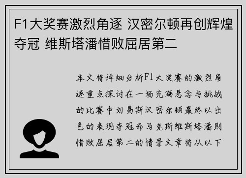 F1大奖赛激烈角逐 汉密尔顿再创辉煌夺冠 维斯塔潘惜败屈居第二