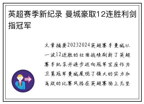 英超赛季新纪录 曼城豪取12连胜利剑指冠军