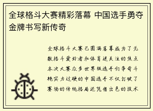 全球格斗大赛精彩落幕 中国选手勇夺金牌书写新传奇