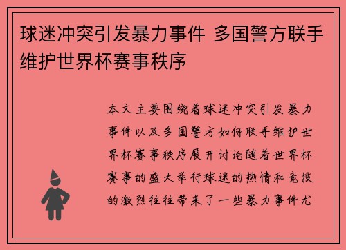 球迷冲突引发暴力事件 多国警方联手维护世界杯赛事秩序