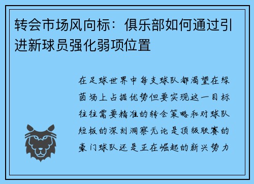 转会市场风向标：俱乐部如何通过引进新球员强化弱项位置